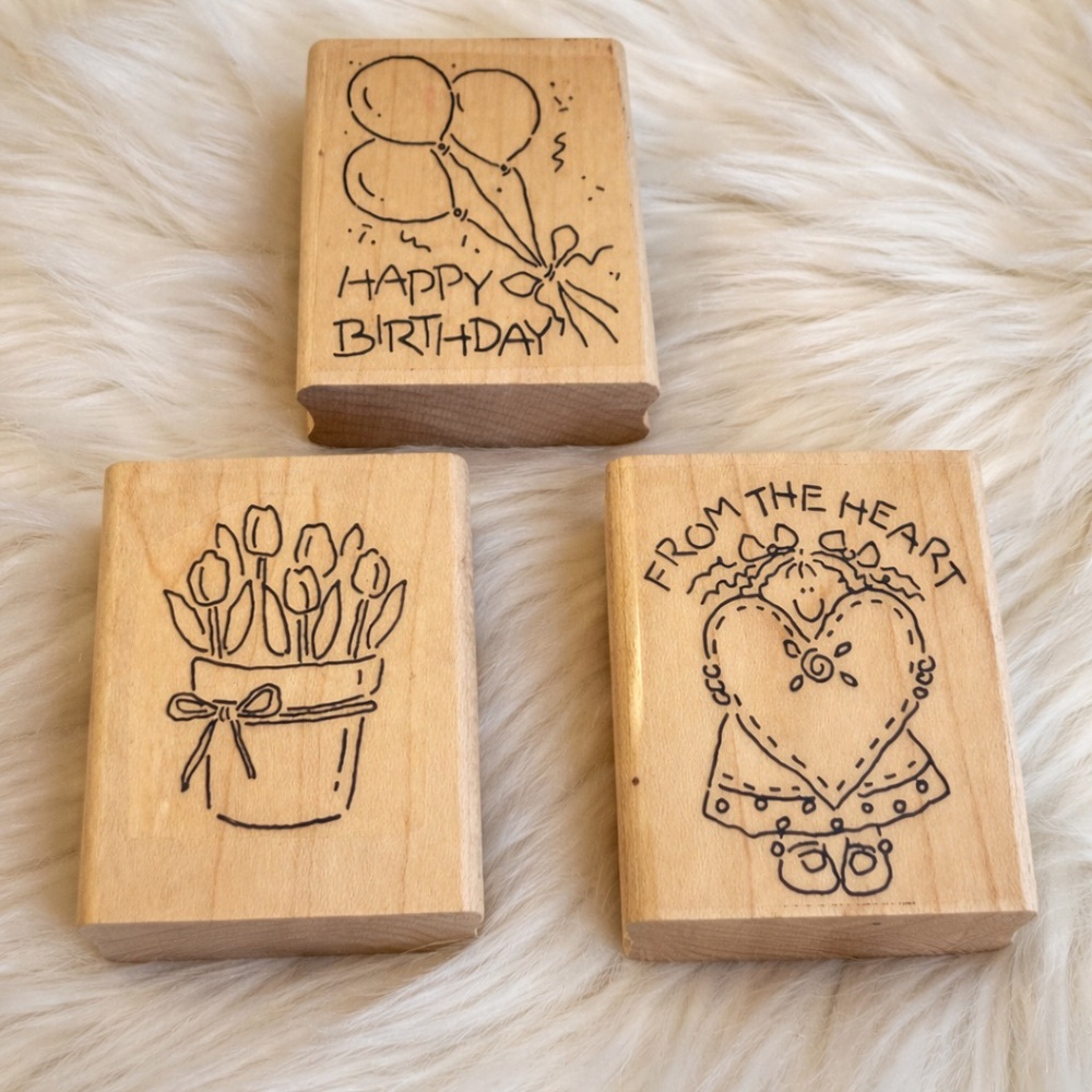 Wooden Rubber Stamp Set of 3 Birthday Flowers Heart Craft Card Making Used